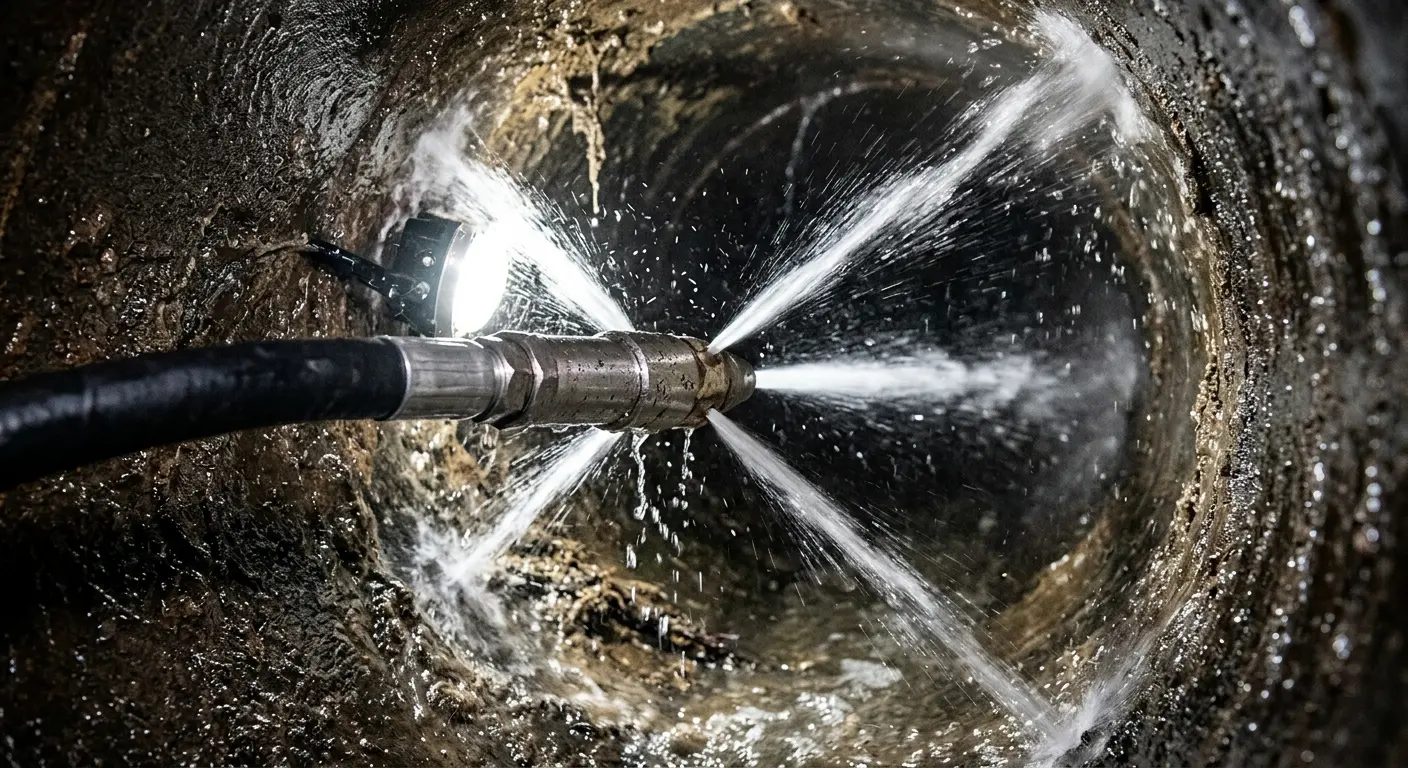 High-pressure hydro jetting nozzle cleaning sewer pipe for Trenchless Sewer Repair in Florissant