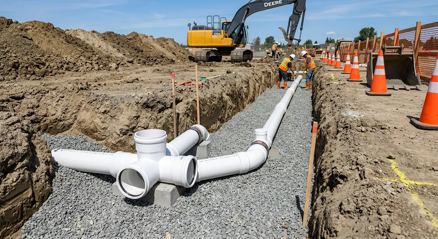 New PVC sewer pipe installation in open trench for Commercial Drain Cleaning in Florissant