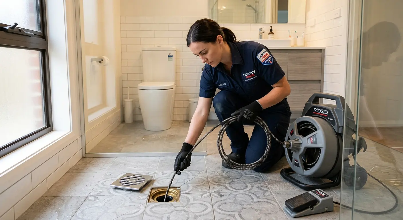 Technician clearing a bathroom floor drain for Sewer Line Replacement in Florissant